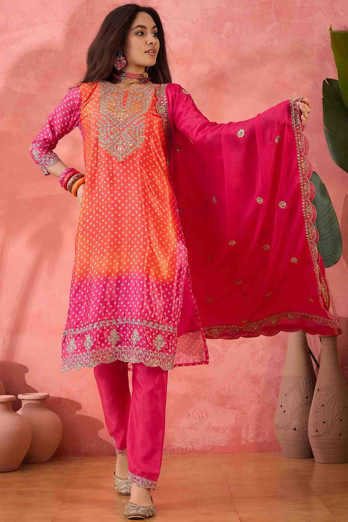 Pink Colour Embroidery Chinon Silk Pant Style Suit VSSS1113511