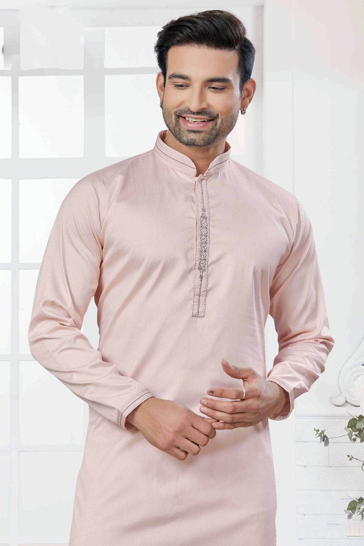 Pink Colour Embroidery Cotton Kurta Pajama VSKP1113431