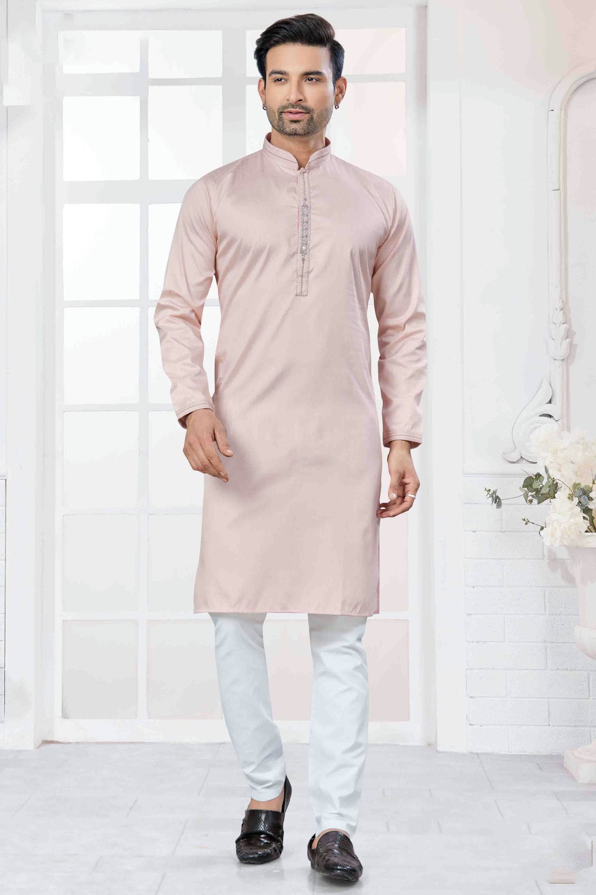 Pink Colour Embroidery Cotton Kurta Pajama VSKP1113431
