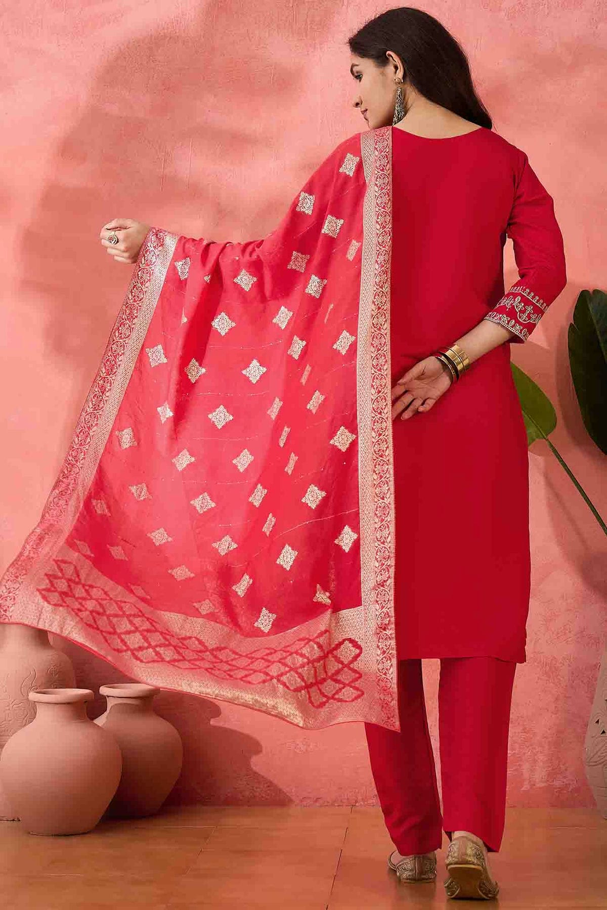 Pink Colour Embroidery Roman Silk Pant Style Suit VSSS1113516