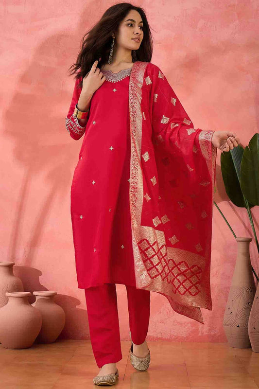Pink Colour Embroidery Roman Silk Pant Style Suit VSSS1113516