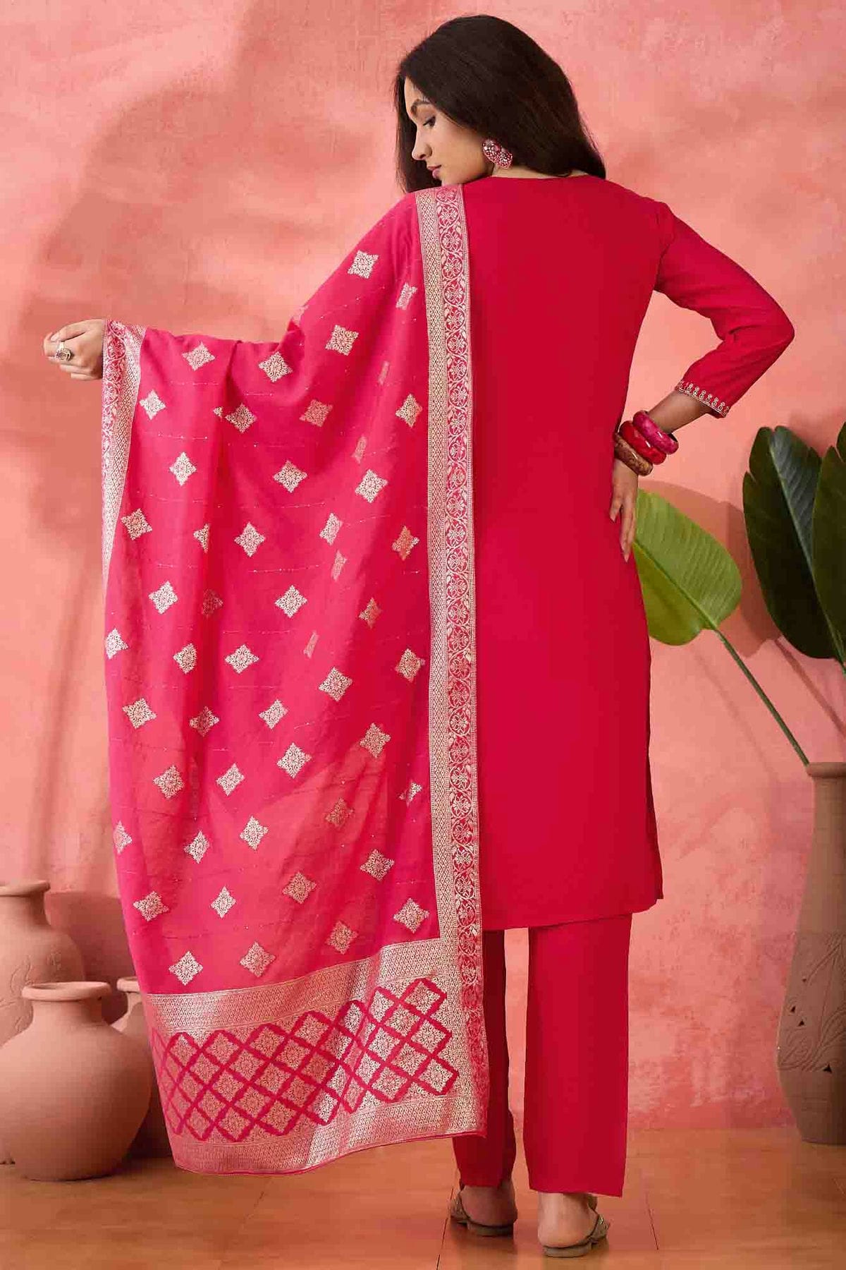 Pink Colour Embroidery Roman Silk Pant Style Suit VSSS1113520