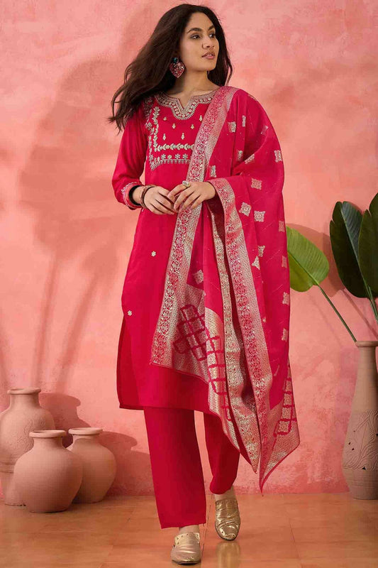 Pink Colour Embroidery Roman Silk Pant Style Suit VSSS1113520