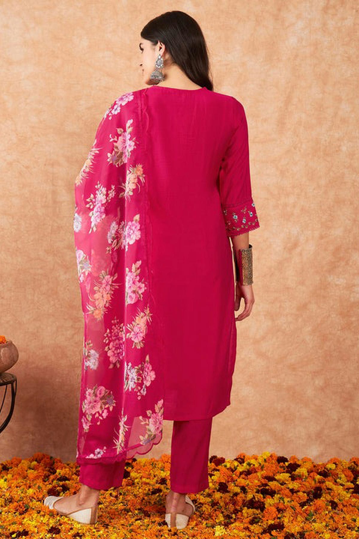 Pink Colour Embroidery Viscose Chanderi Stitched Suit