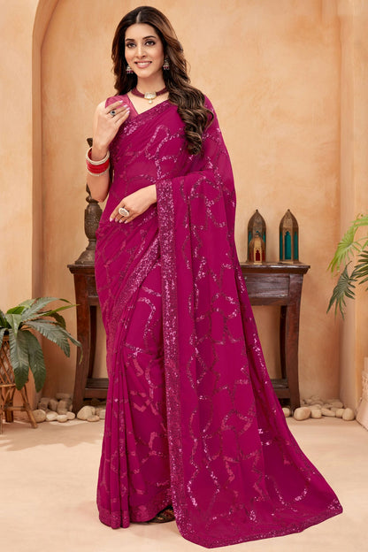 Pink Colour Faux Georgette Designer Saree