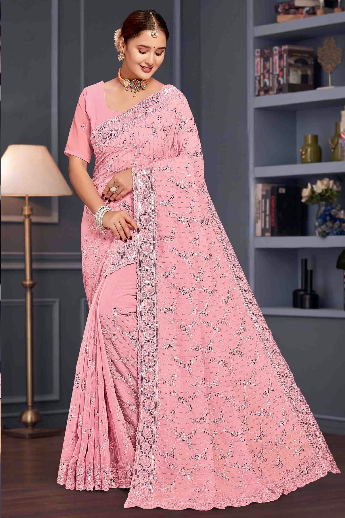 Pink Colour Georgette Embroidery Work Designer Saree VSSD1091254
