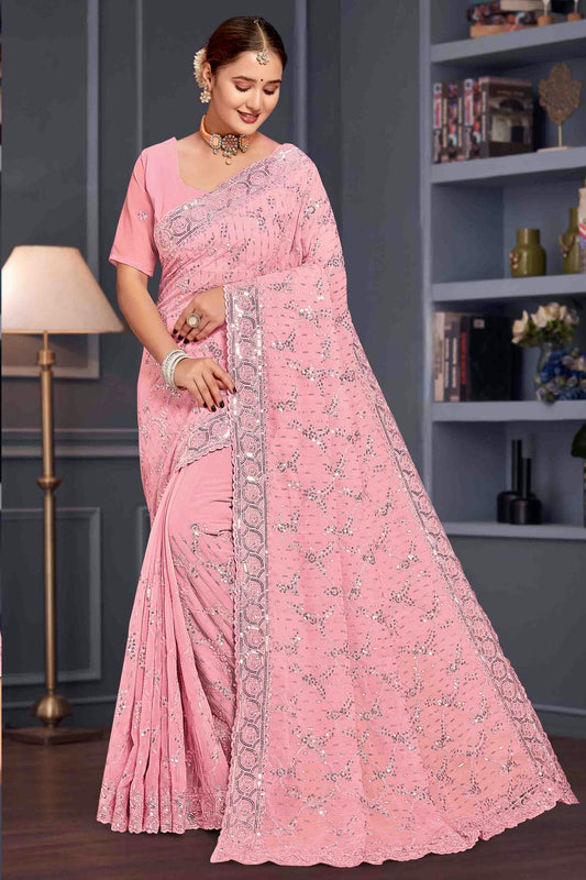 Pink Colour Georgette Embroidery Work Designer Saree VSSD1091254