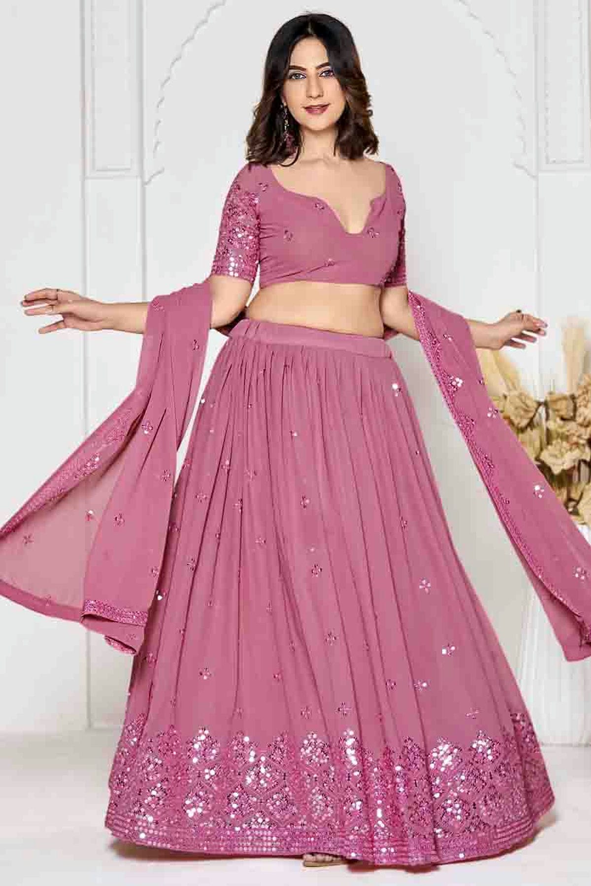Pink Colour Georgette Semi Stitched Lehenga Choli VSLC1170084