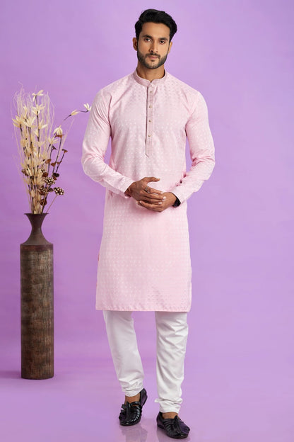 Pink Colour Jacquard Art Silk Pintex Work Kurta Pajama