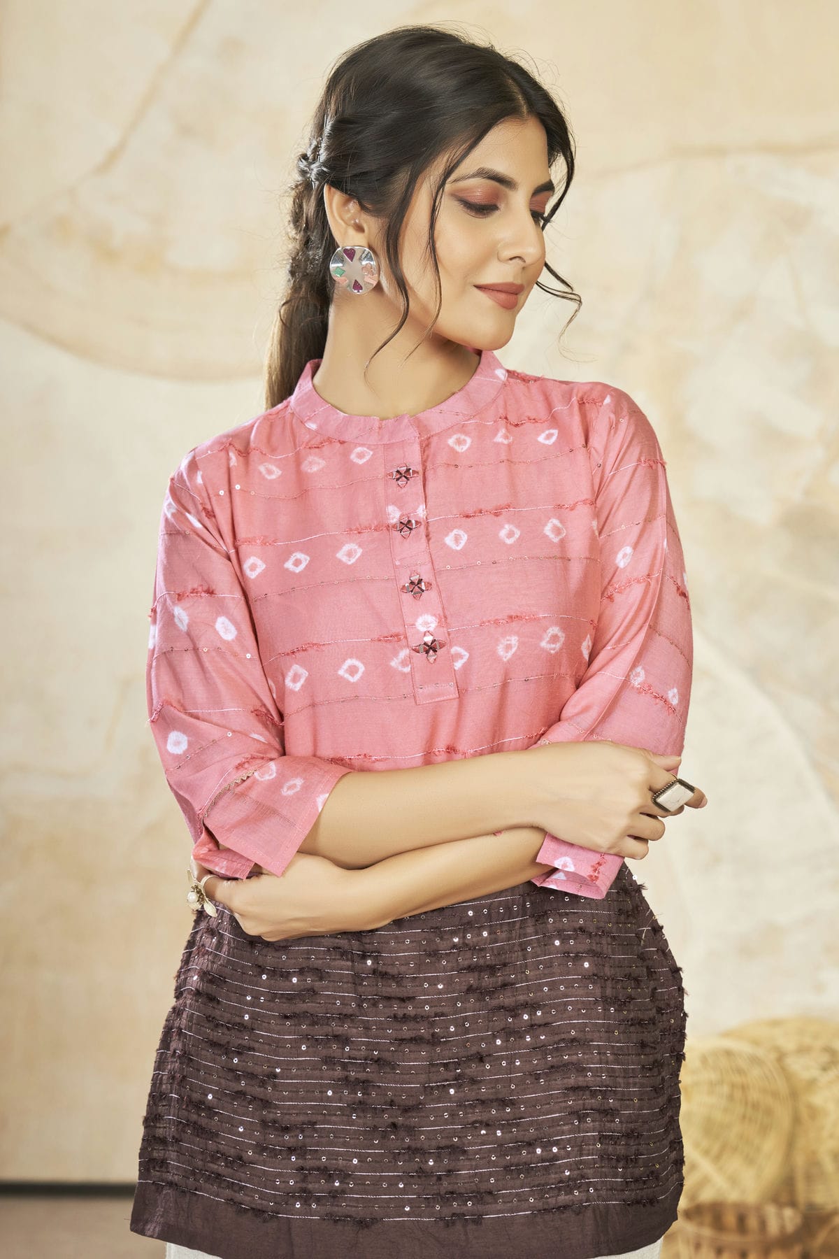 Pink Colour Modal Silk Sequins Work Work Readymade Top