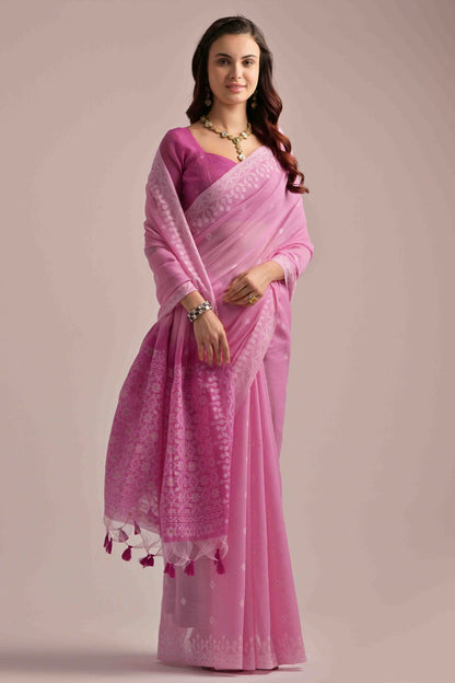 Pink Colour Muga Cotton Traditional Saree