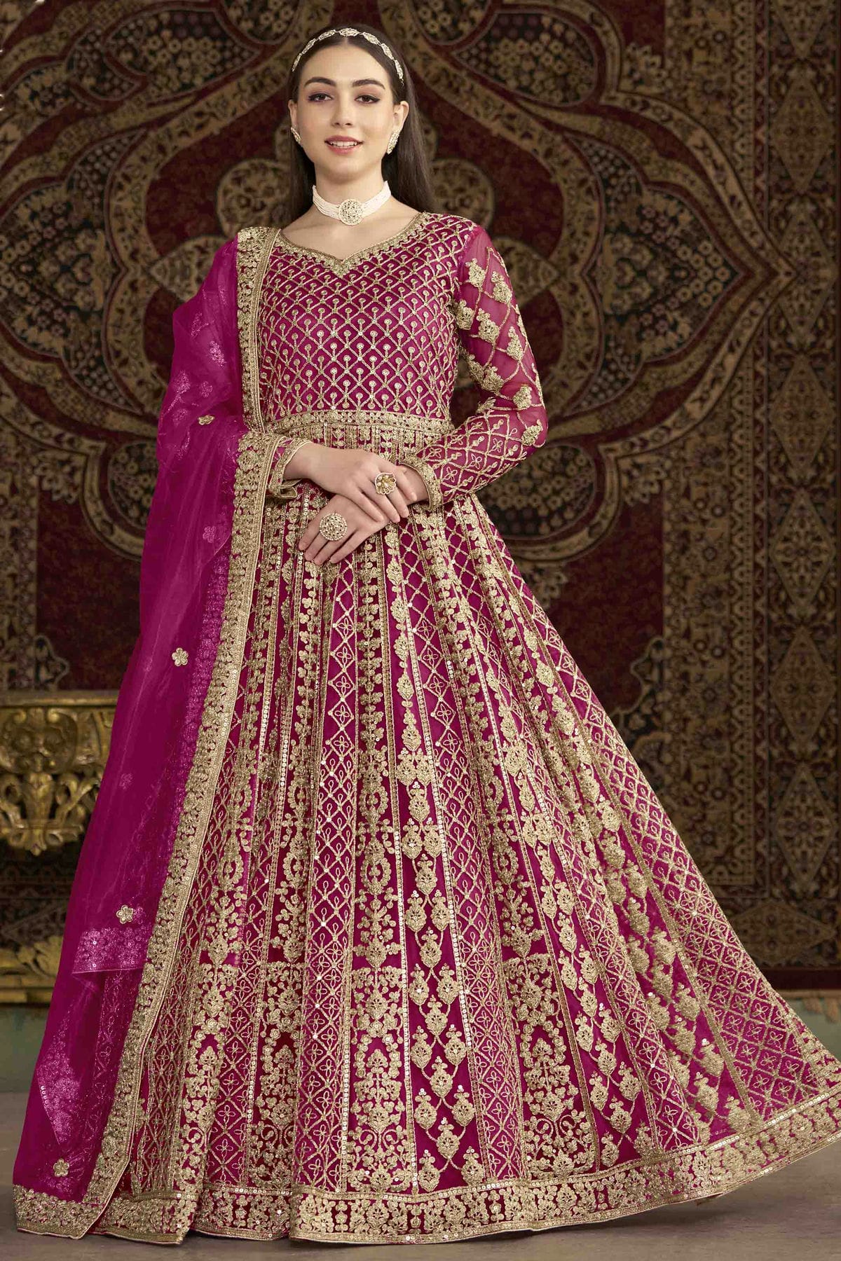 Pink Colour Net Semi Stitched Anarkali Suit VSSM1050699