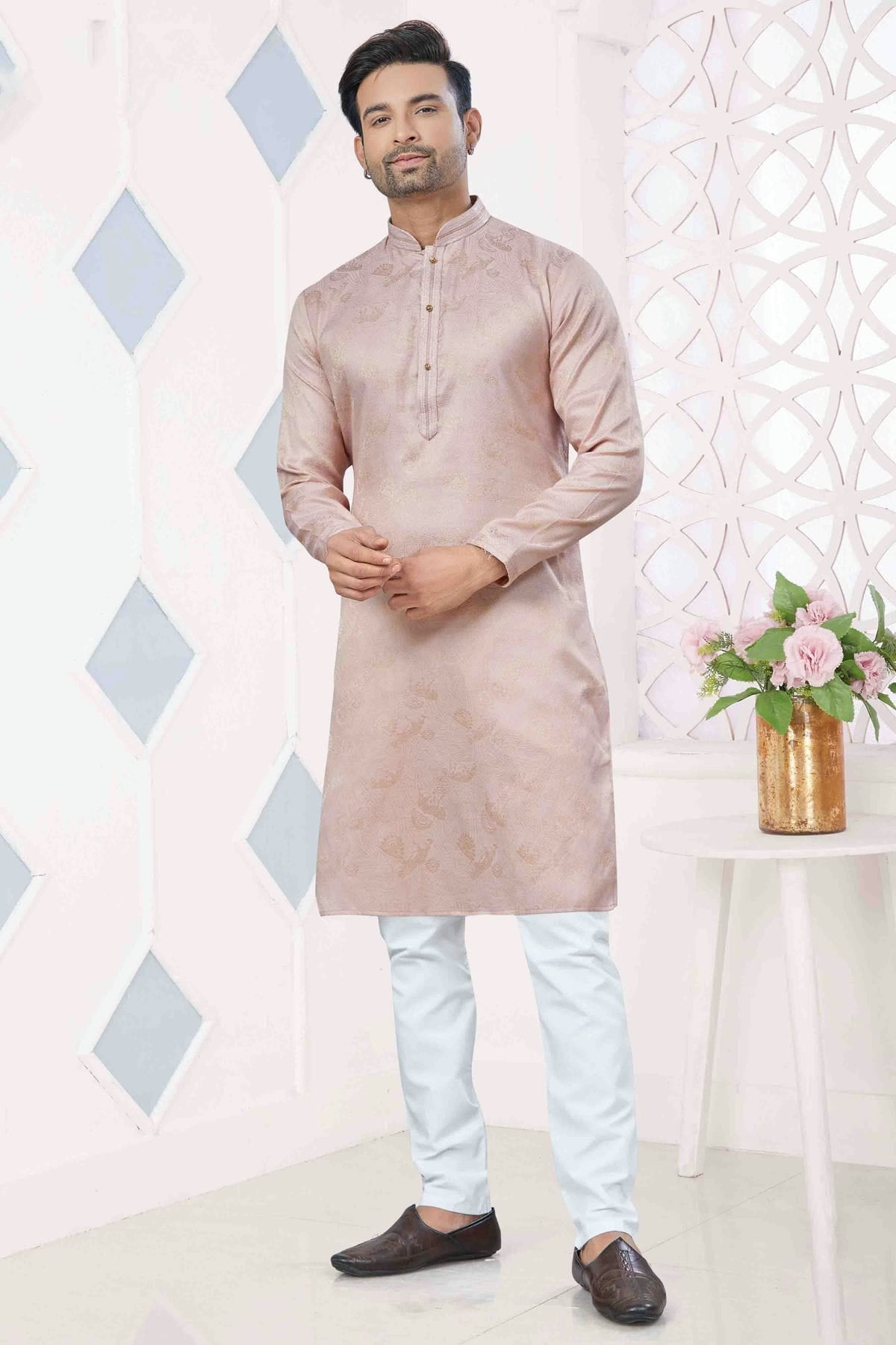 Pink Colour Pintex Work and Woven Jacquard Silk Kurta Pajama VSKP1113405