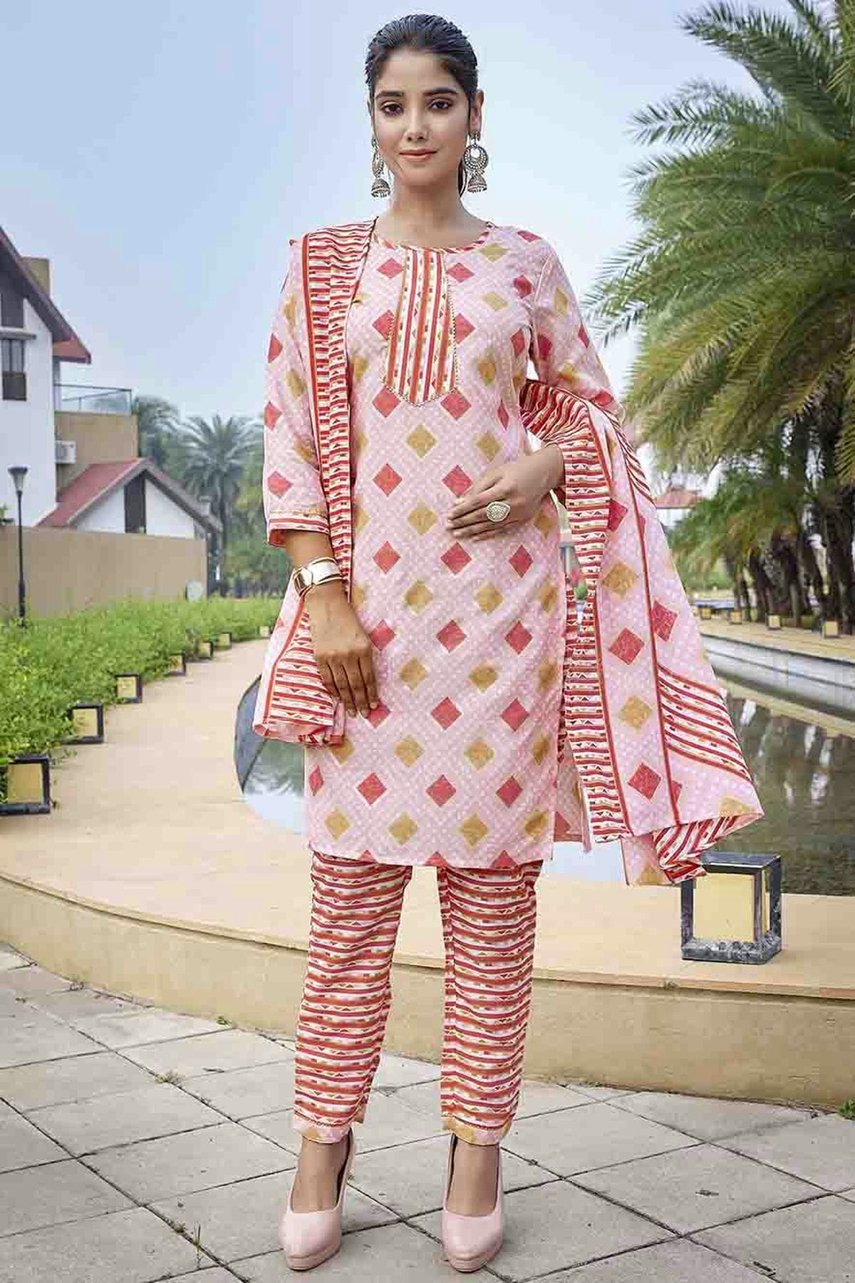 Pink Colour Printed Cotton Blend Pant Style Suit VSSS1113466