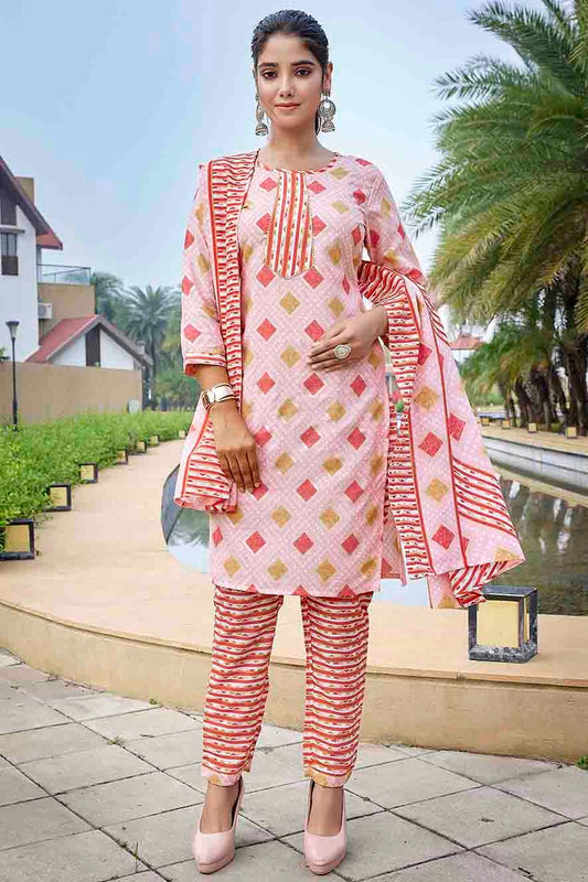 Pink Colour Printed Cotton Blend Pant Style Suit VSSS1113466