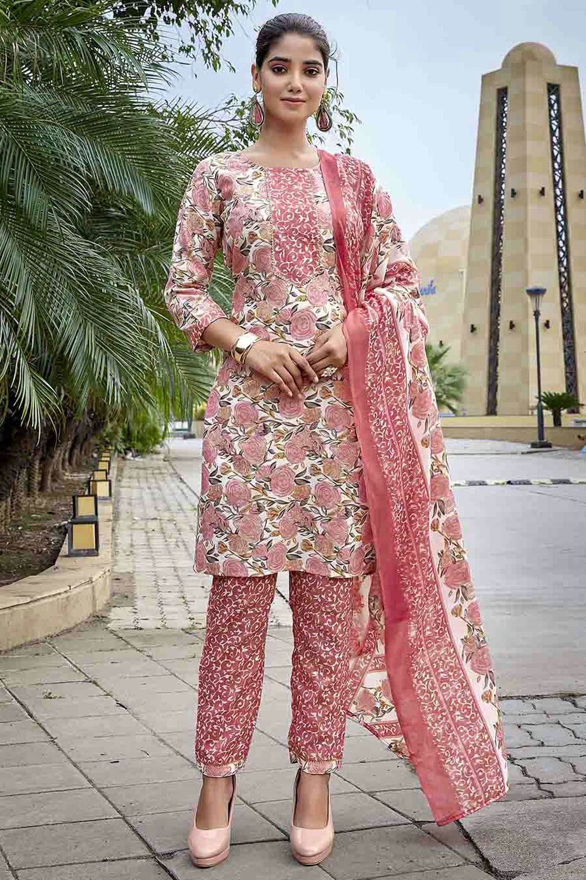 Pink Colour Printed Cotton Blend Pant Style Suit VSSS1113467