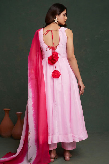 Pink Colour Printed Viscose Organza Stitched Suit