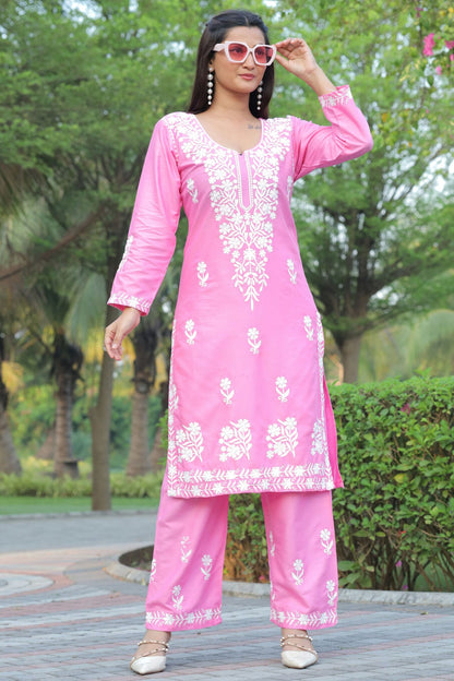 Pink Colour Rayon Kurta And Pant Set