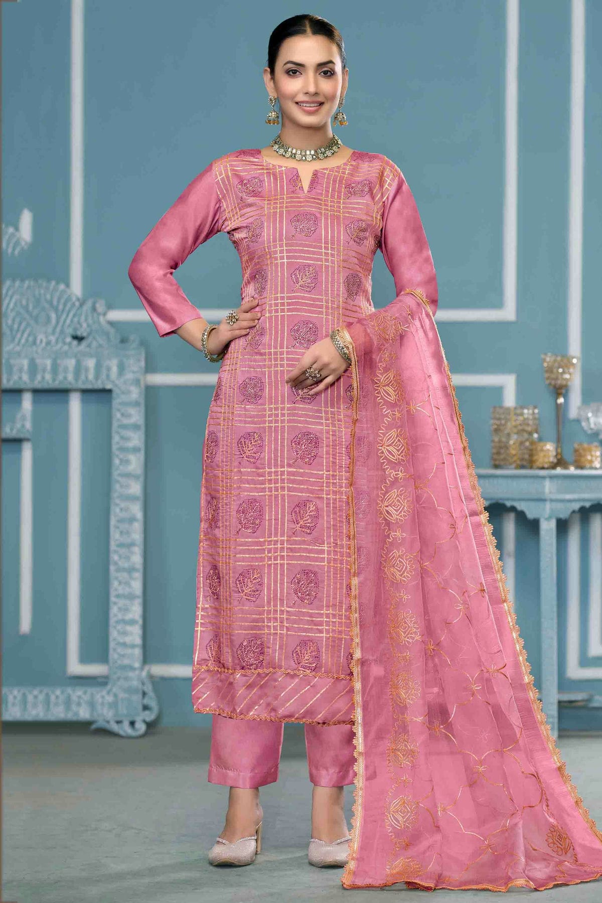 Pink Colour Roman Cotton Pant Style Suit VSSM1113270