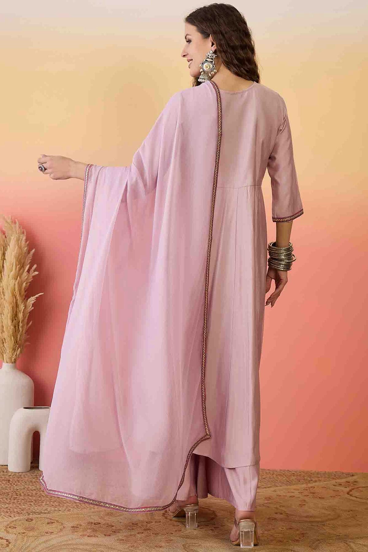 Pink Colour Roman Silk Stitched Palazzo Pant Suit VSSS1113913