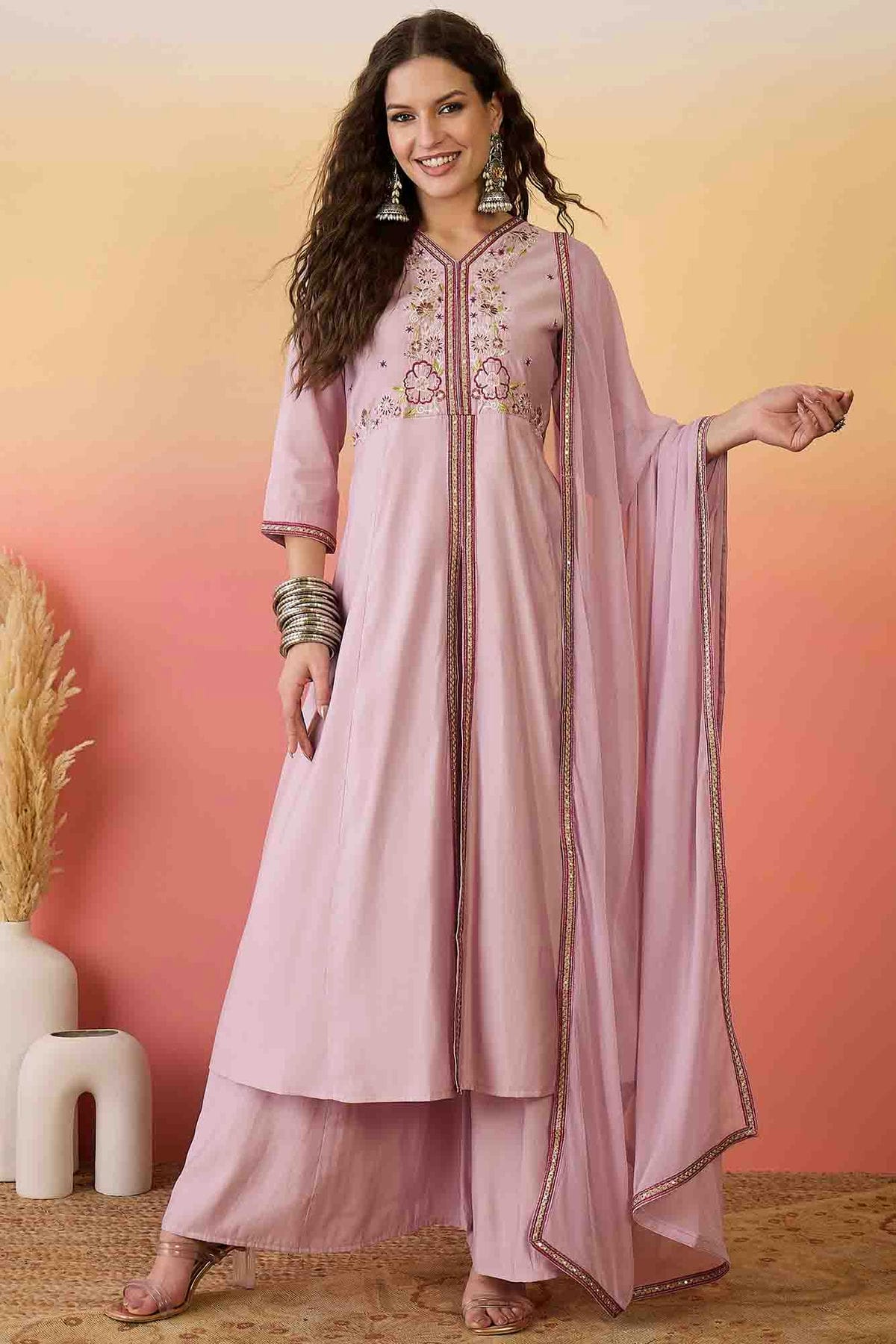 Pink Colour Roman Silk Stitched Palazzo Pant Suit VSSS1113913