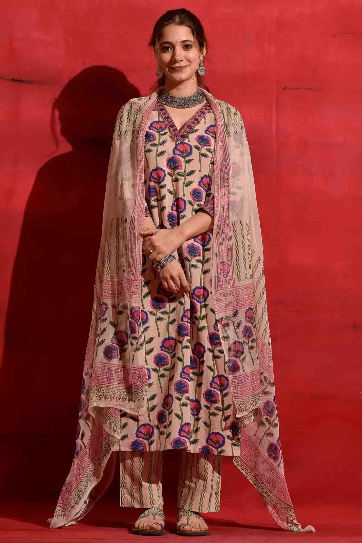 Pink Colour Roman Slub Printed Pant Style Suit VSSS1113694