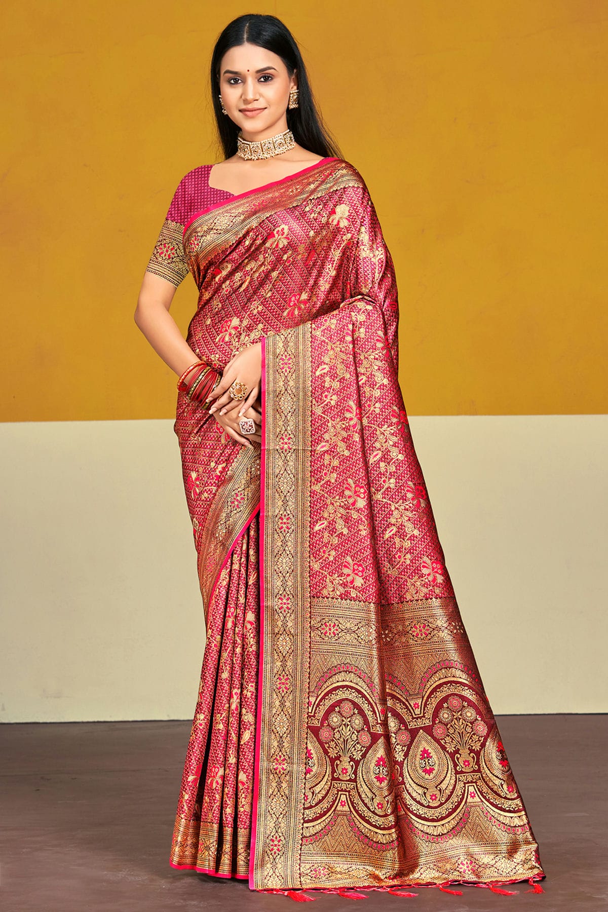 Pink Colour Satin Silk Traditional Saree