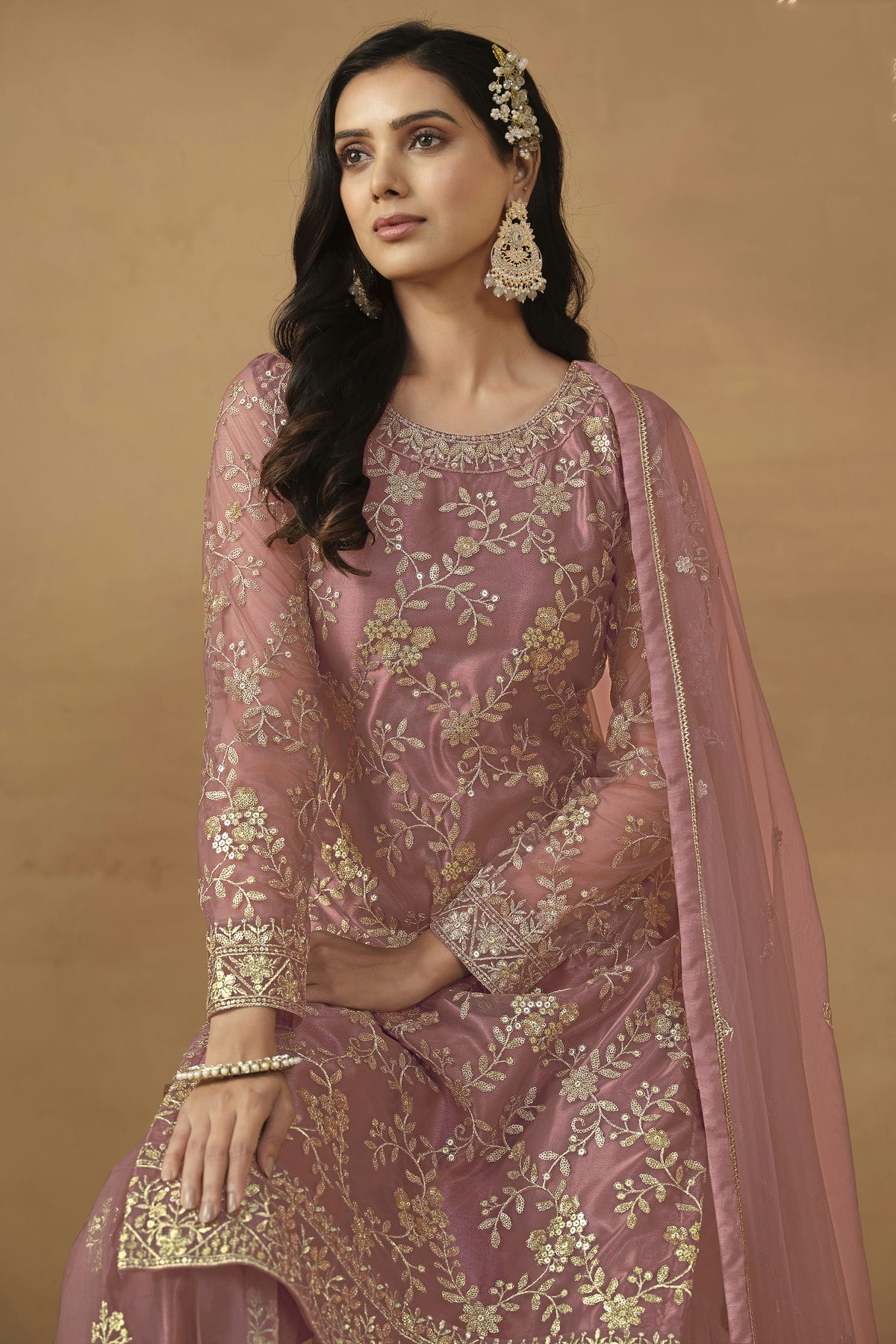 Pink Colour Semi Stitched Net Sharara Suit VSSM1050457