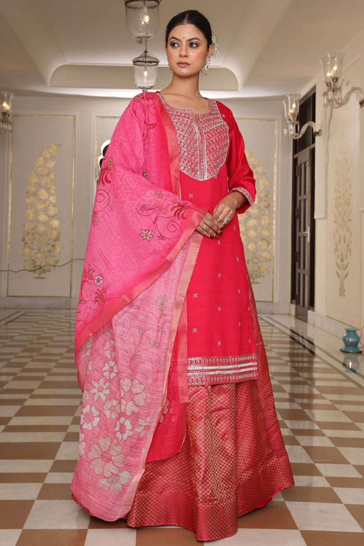 Pink Colour Semi Stitched Rangoli Silk Skirt Top VSSM1170043