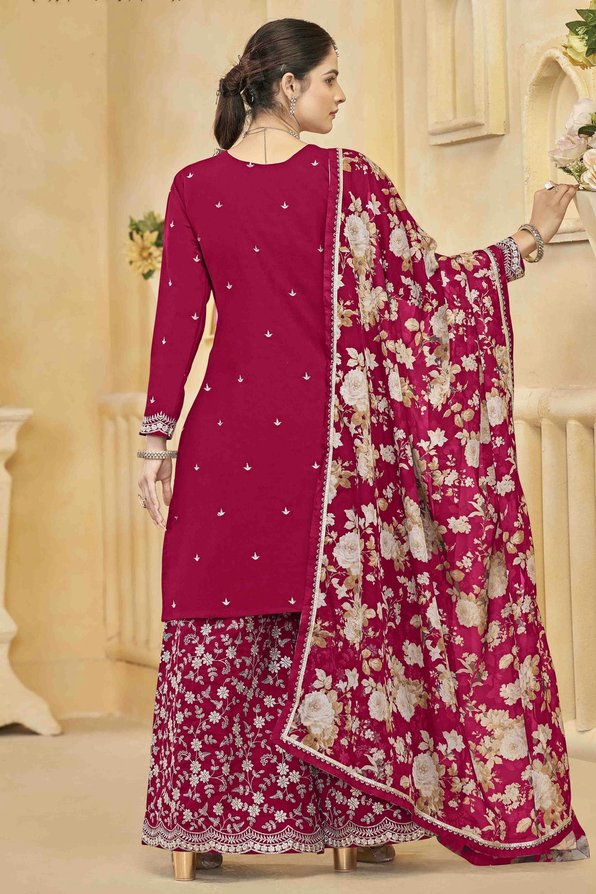 Pink Colour Semi Stitched Roman Silk Palazzo Pant Suit VSSM1050746