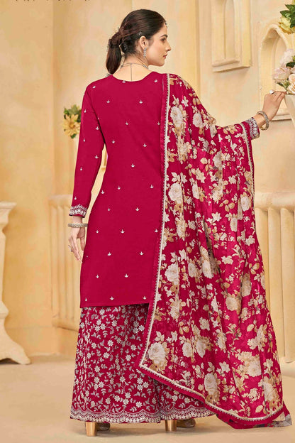 Pink Colour Semi Stitched Roman Silk Palazzo Pant Suit VSSM1050746