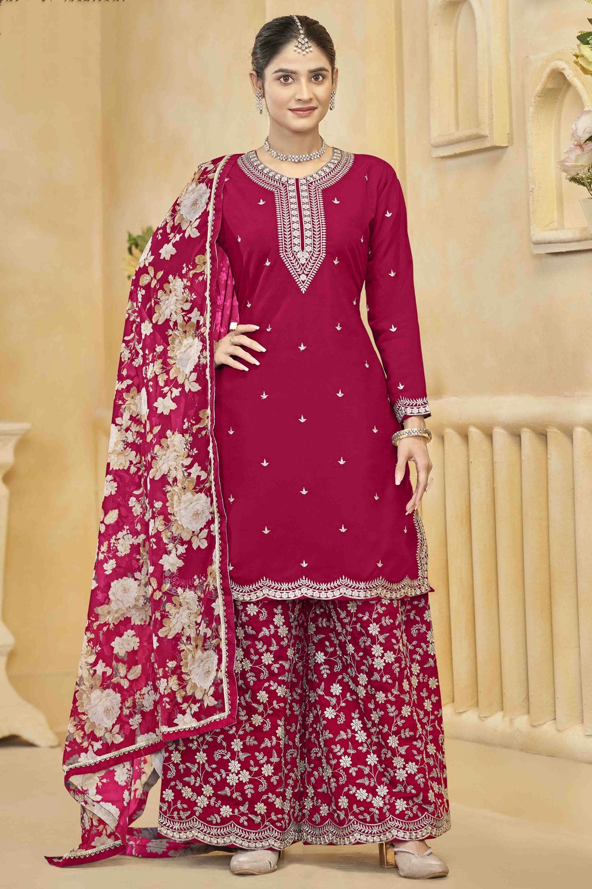 Pink Colour Semi Stitched Roman Silk Palazzo Pant Suit VSSM1050746