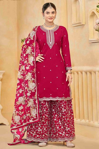 Pink Colour Semi Stitched Roman Silk Palazzo Pant Suit VSSM1050746