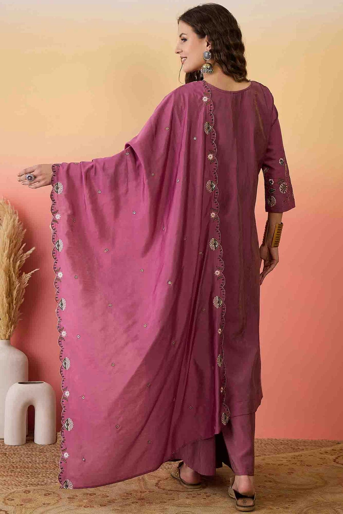 Pink Colour Shimmer Stitched Palazzo Pant Suit VSSS1113910