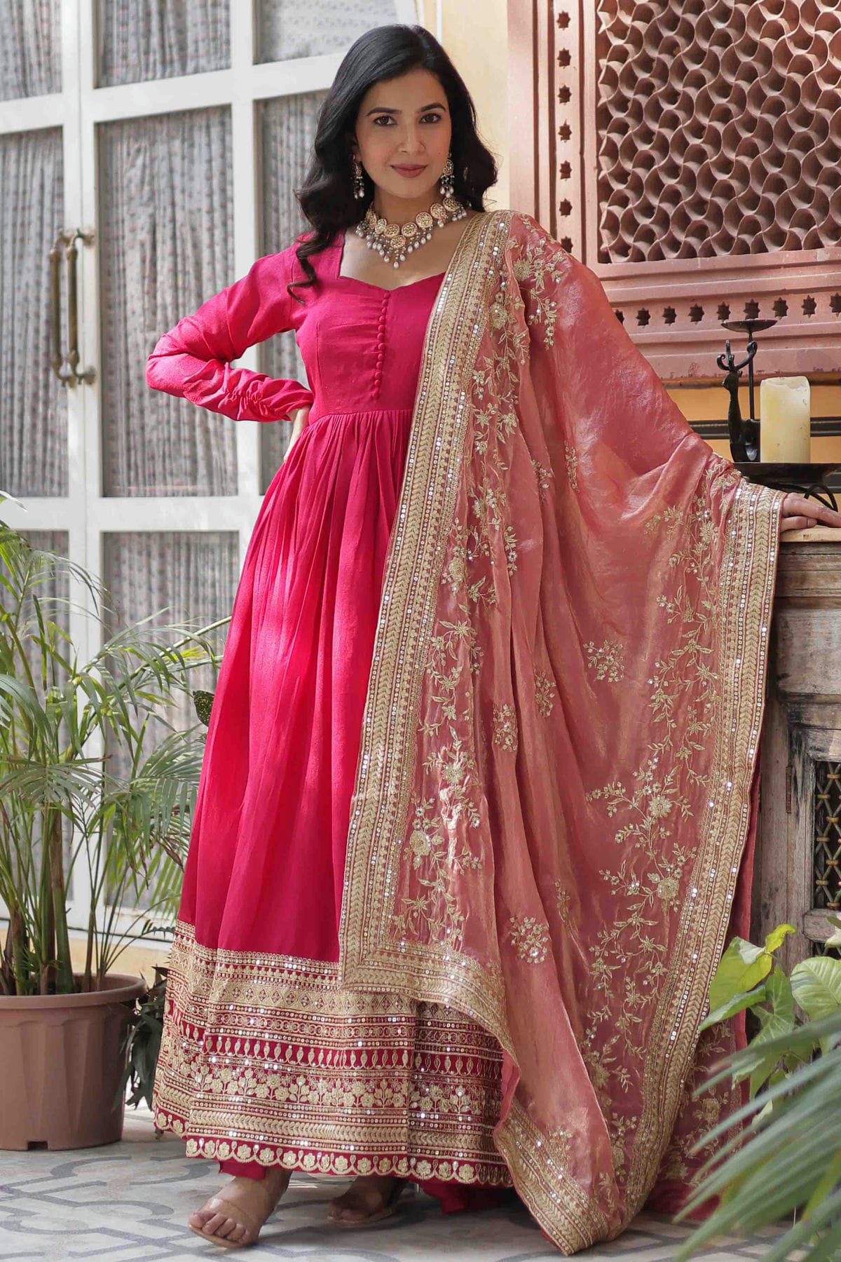 Pink Colour Shimmer Vichitra Stitched Gown VSGW1113009