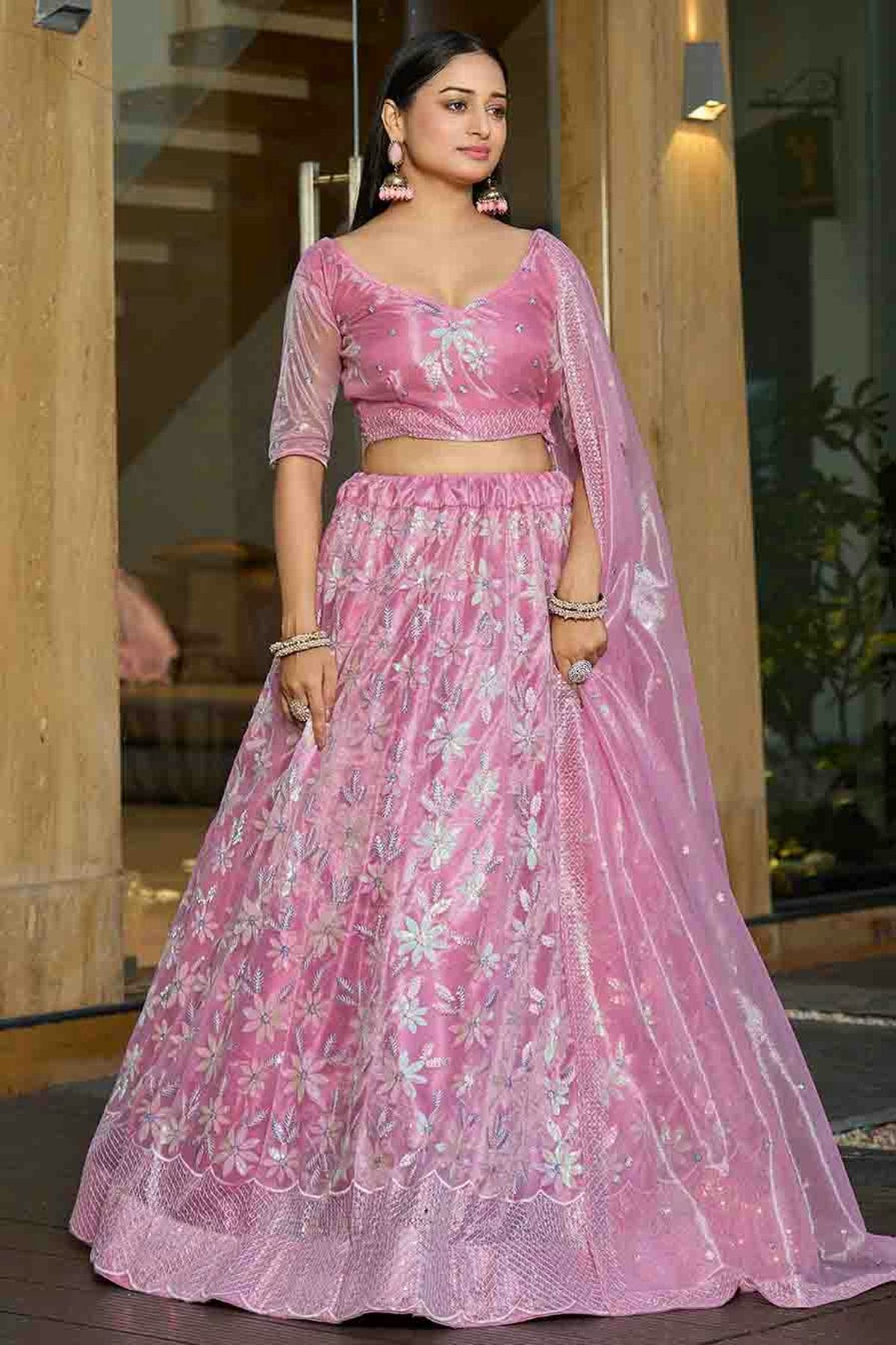 Pink Colour Silk Net Semi Stitched Lehenga Choli VSLC1170094