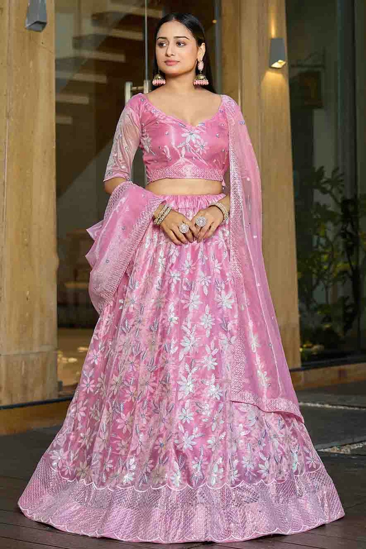 Pink Colour Silk Net Semi Stitched Lehenga Choli VSLC1170094