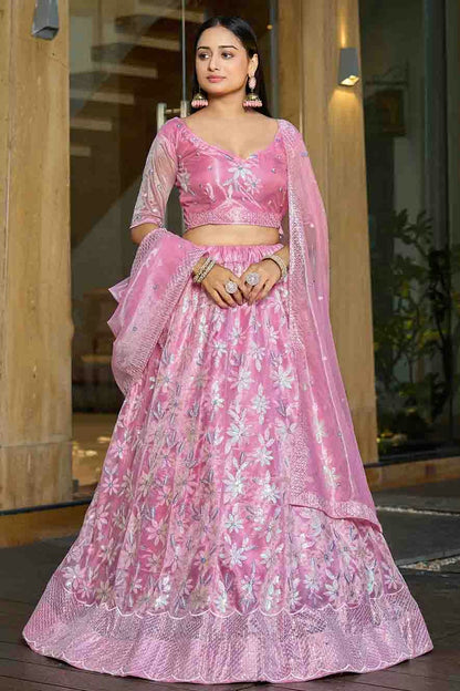 Pink Colour Silk Net Semi Stitched Lehenga Choli VSLC1170094
