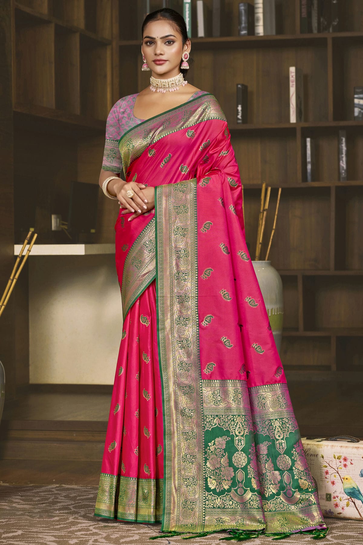 Pink Colour Silk Woven Work Traditional Saree