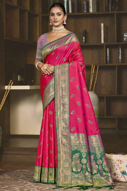 Pink Colour Silk Woven Work Traditional Saree