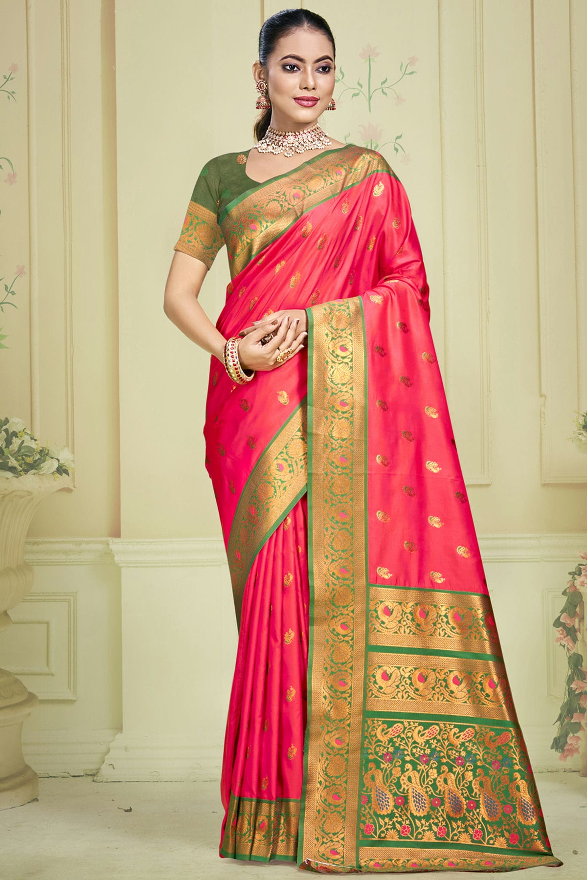 Pink Colour Silk Woven Work Traditional Saree