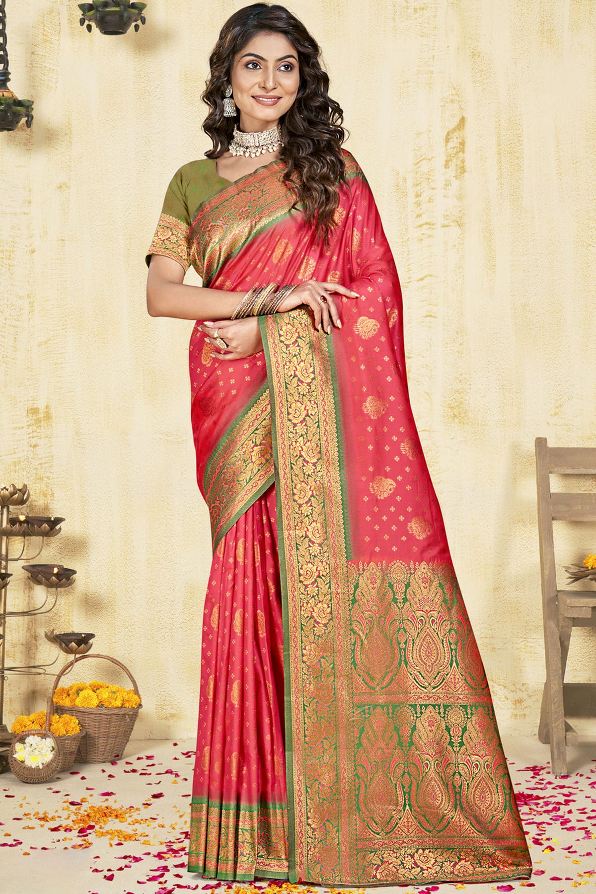 Pink Colour Silk Woven Work Traditional Saree