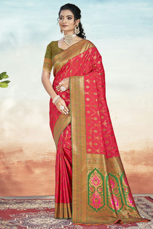 Pink Colour Silk Woven Work Traditional Saree