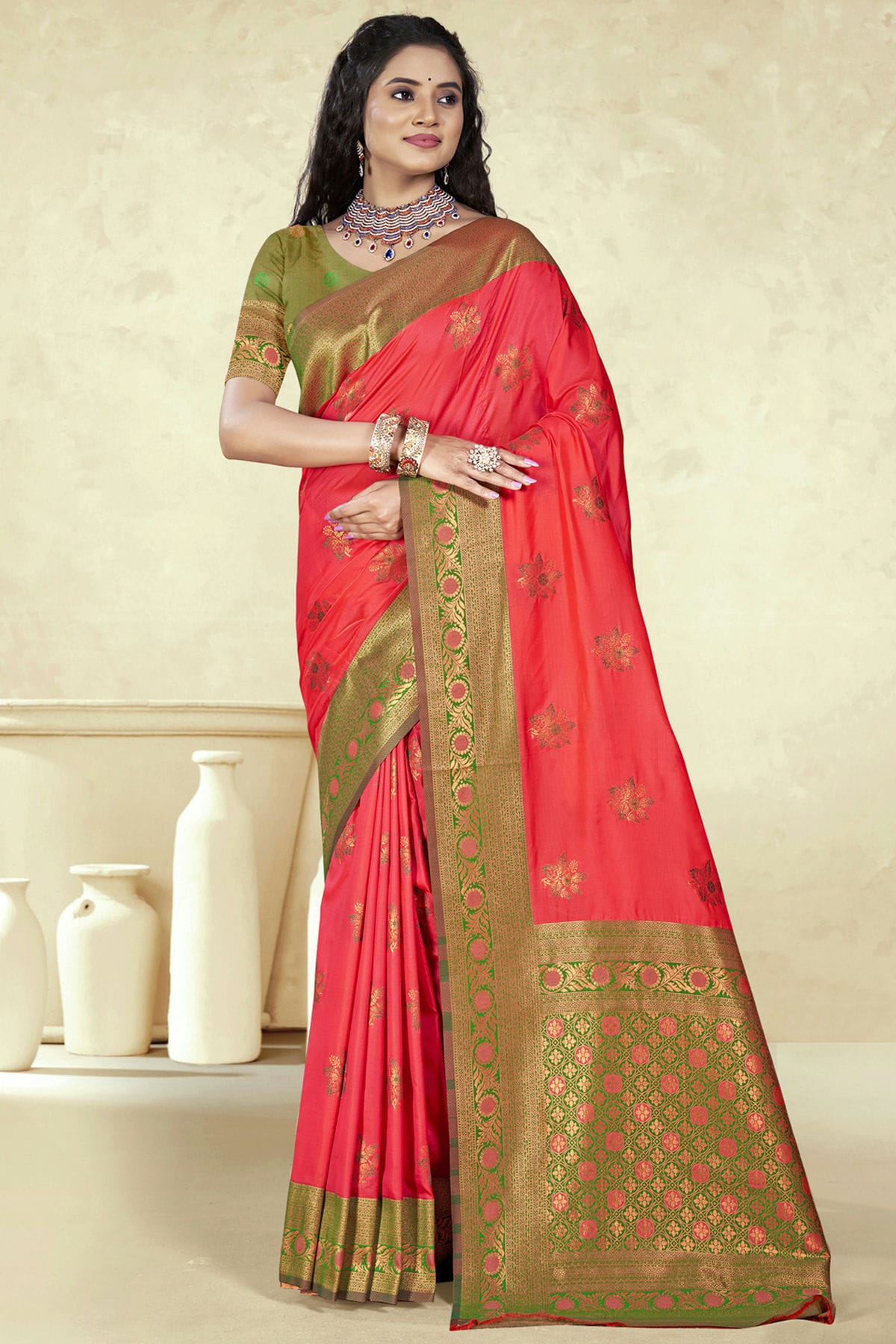 Pink Colour Silk Woven Work Traditional Saree