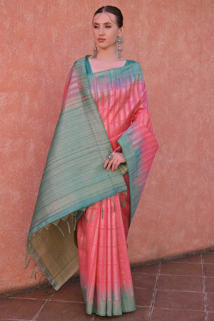 Pink Colour Tussar Silk Traditional Saree