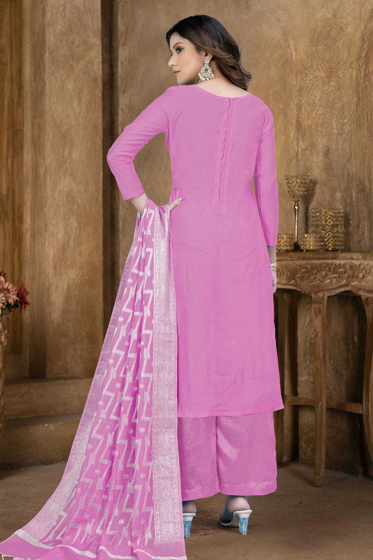 Pink Colour Unstitched Banarasi Jacquard Palazoo Pant Suit VSUS1161364