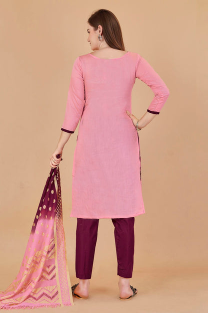 Pink Colour Unstitched Cotton Jacquard Straight Suit VSUS1160882