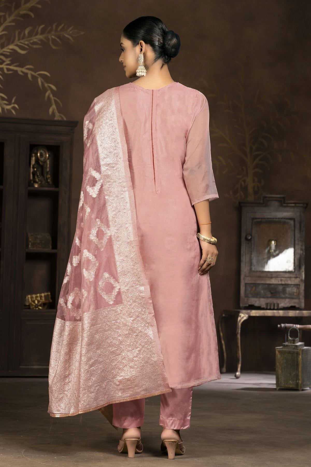 Pink Colour Unstitched Organza Pant Style Suit VSUS1161344