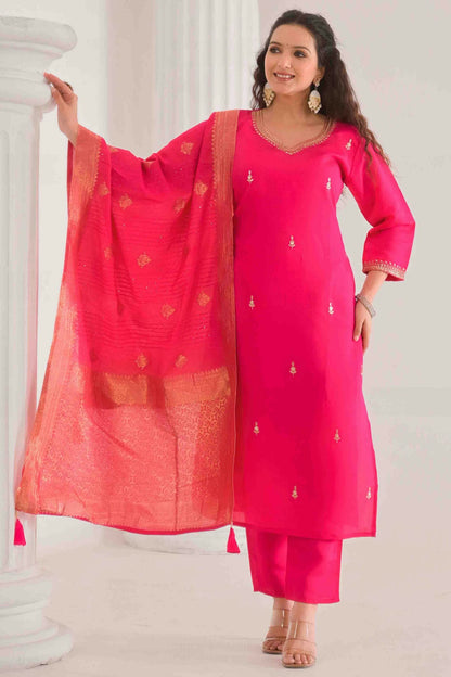 Pink Colour Viscose Chanderi Stitched Pant Style Suit VSSS1113892