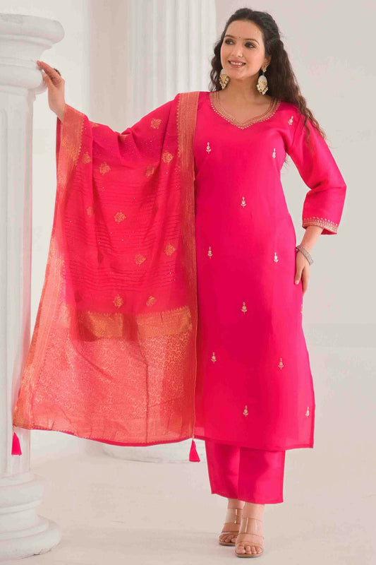 Pink Colour Viscose Chanderi Stitched Pant Style Suit VSSS1113892